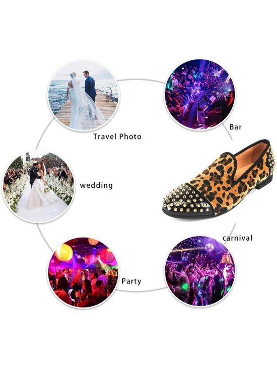 XQWFH Men Leopard Velvet Leather Loafer Embroidery Spiked Slip On Fashion Shoes main image 6